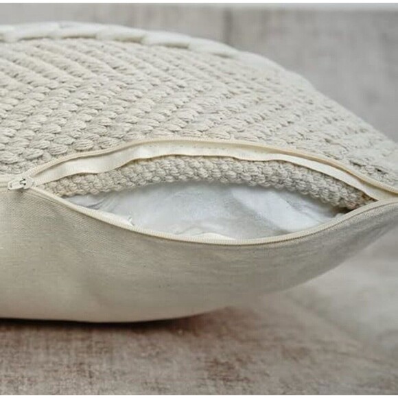 Boho Throw Pillow Covers Tufted Set of 2 Cushion Cases 18X18" Ivory Handmade New - Picture 3 of 6